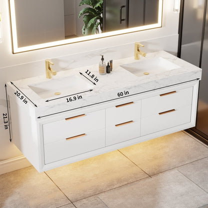 Glam 60" Modern Floating Rubberwood Bathroom Vanity Cabinet with Lights and Stone Slab Countertop in White