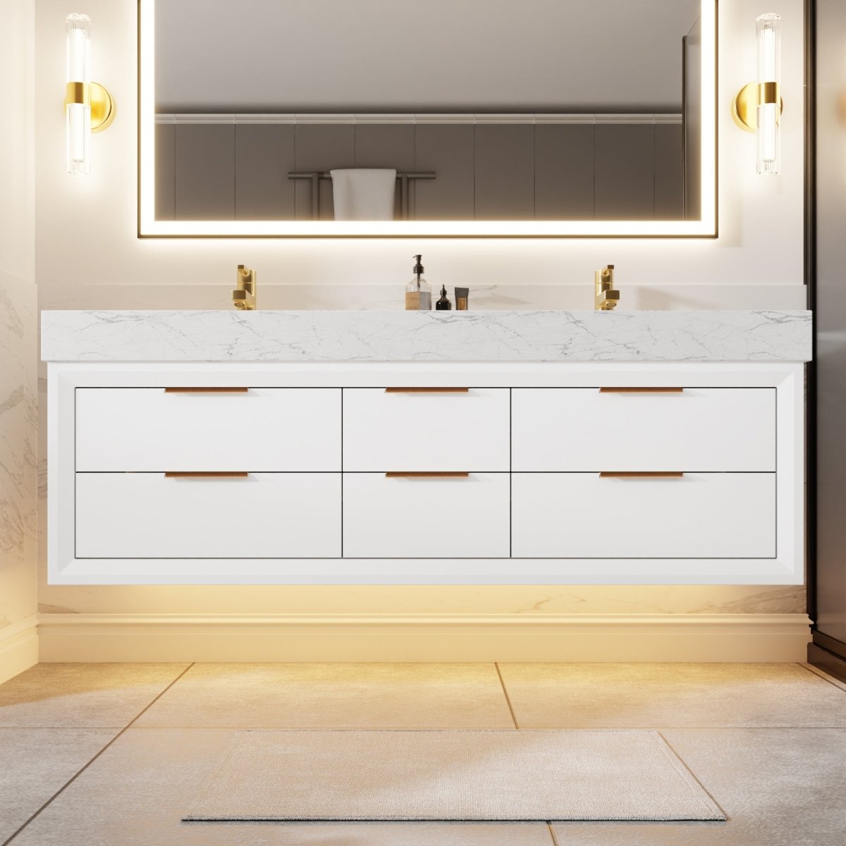 Glam 60" Modern Floating Rubberwood Bathroom Vanity Cabinet with Lights and Stone Slab Countertop in White