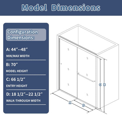 Glide 44 - 48" Wide x 70" High Sliding Glass Shower Doors Frame in Black,Clear Tempered Glass