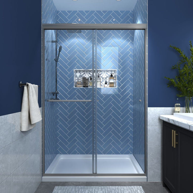 Glide 44 - 48" Wide x 70" Sliding Glass Shower Doors Frame in Nickel,Clear Tempered Glass