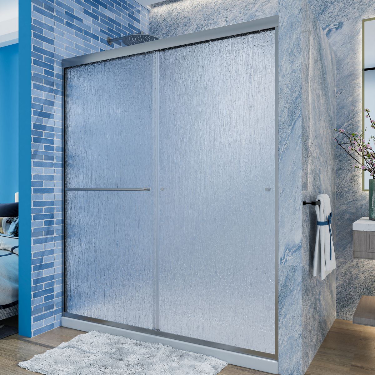 Glide - RA Semi - Frameless Shower Door 56 - 60 in. W x 70 in. H Bypass Sliding Shower Enclosure,Chrome,Double Sliding Rain Glass Doors