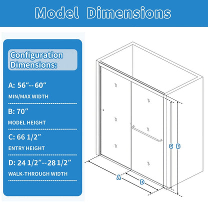 Glide - RA Semi - Frameless Shower Door 56 - 60 in. W x 70 in. H Bypass Sliding Shower Enclosure,Matte Black,Double Sliding Rain Glass Doors