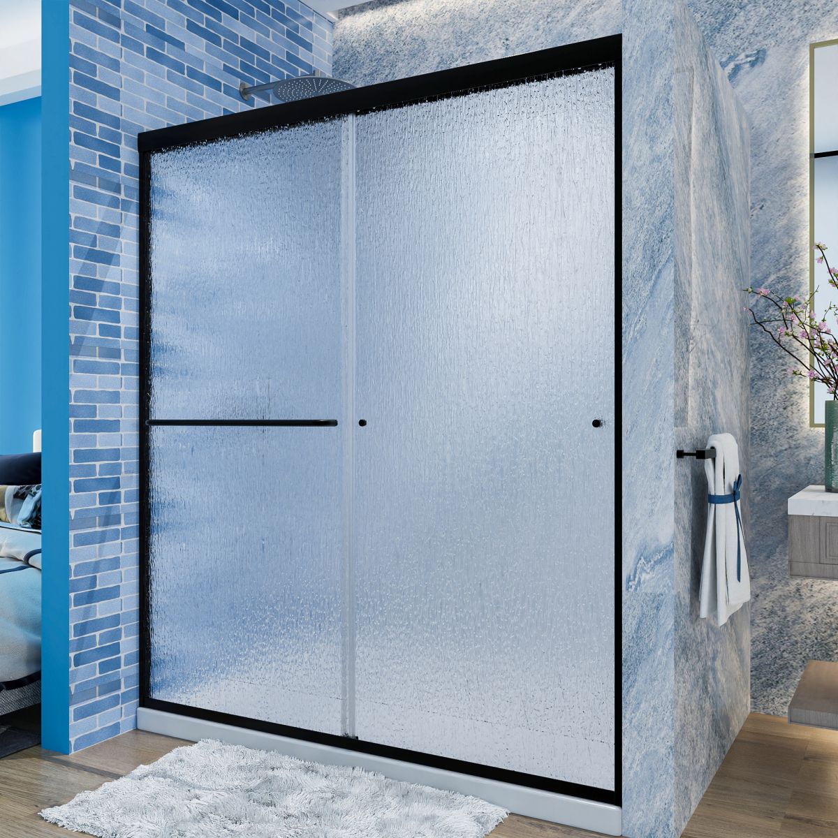 Glide-RA Semi-Frameless Shower Door 56-60 in. W x 70 in. H Bypass Sliding Shower Enclosure,Matte Black,Double Sliding Rain Glass Doors