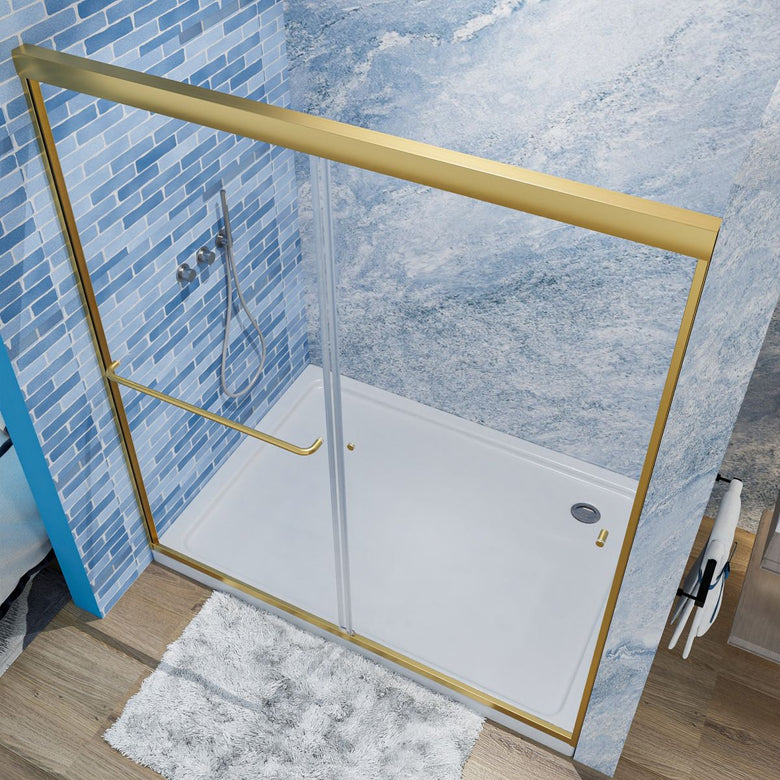 Glide Semi - Frameless Shower Door 56 - 60 in. W x 70 in. H Bypass Sliding Shower Enclosure,Brushed Gold,Double Sliding Glass Bathroom Doors