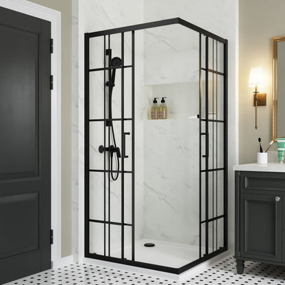 Haven Frameless Shower Door 38" x 72",Corner Shower Enclosure,6mm Clear Glass,Double Sliding Shower Doors,Matte Black,Not Base,Adjustable