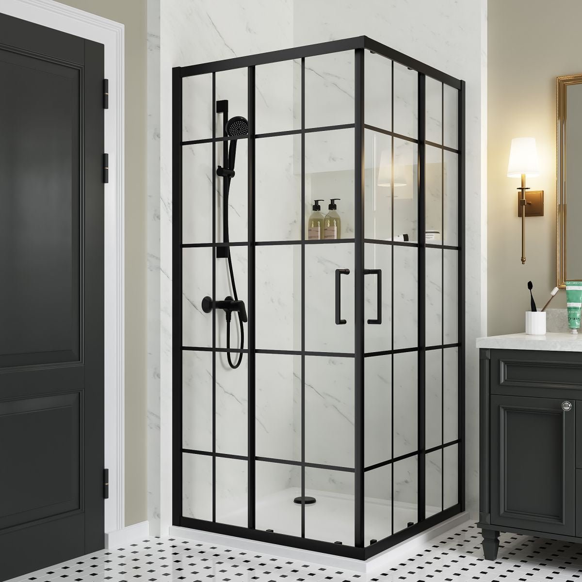 Haven Frameless Shower Door 38" x 72",Corner Shower Enclosure,6mm Clear Glass,Double Sliding Shower Doors,Matte Black,Not Base,Adjustable