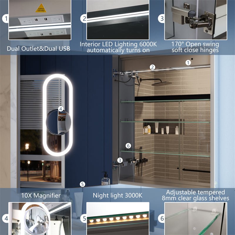 Illusion - B 24" x 32" LED Lighted Inset Mirrored Medicine Cabinet with Magnifiers Front and Back Light,Hinge on Left