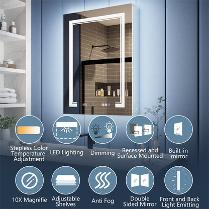 Illusion - B 24" x 32" LED Lighted Inset Mirrored Medicine Cabinet with Magnifiers Front and Back Light,Hinge on Left