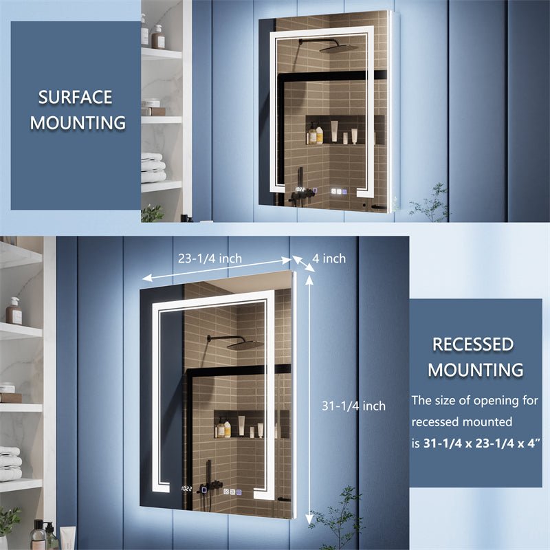 Illusion - B 24" x 32" LED Lighted Inset Mirrored Medicine Cabinet with Magnifiers Front and Back Light,Hinge on Left