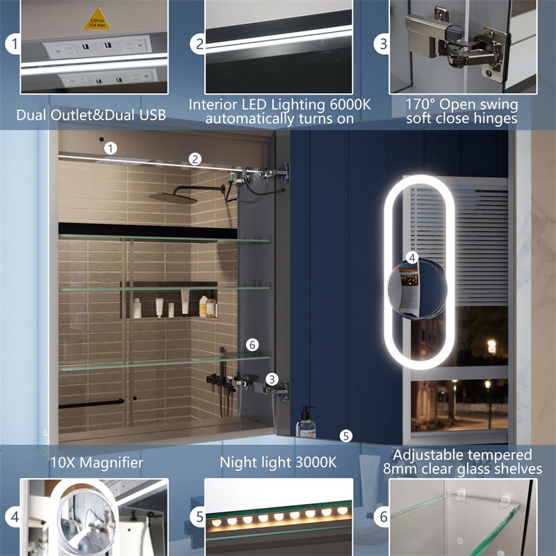 Illusion - B 24" x 32" LED Lighted Inset Mirrored Medicine Cabinet with Magnifiers Front and Back Light,Hinge on Right