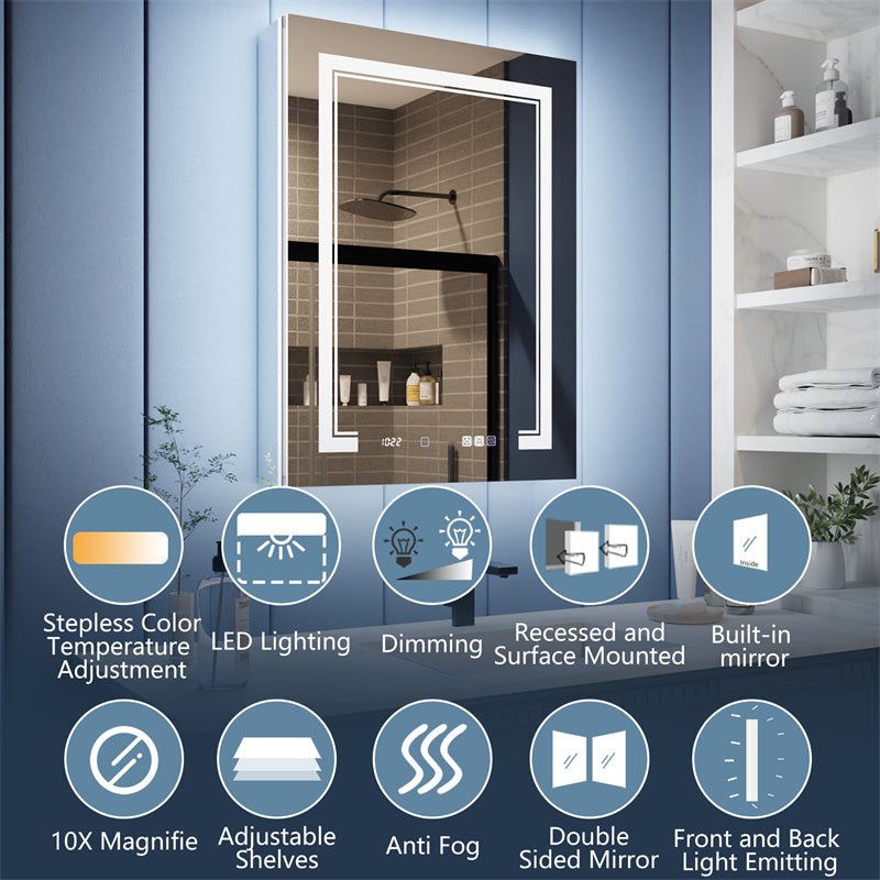 Illusion - B 24" x 32" LED Lighted Inset Mirrored Medicine Cabinet with Magnifiers Front and Back Light,Hinge on Right