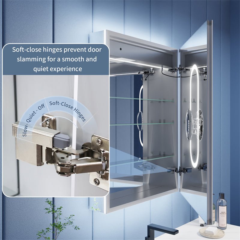 Illusion - B 24" x 32" LED Lighted Inset Mirrored Medicine Cabinet with Magnifiers Front and Back Light,Hinge on Right