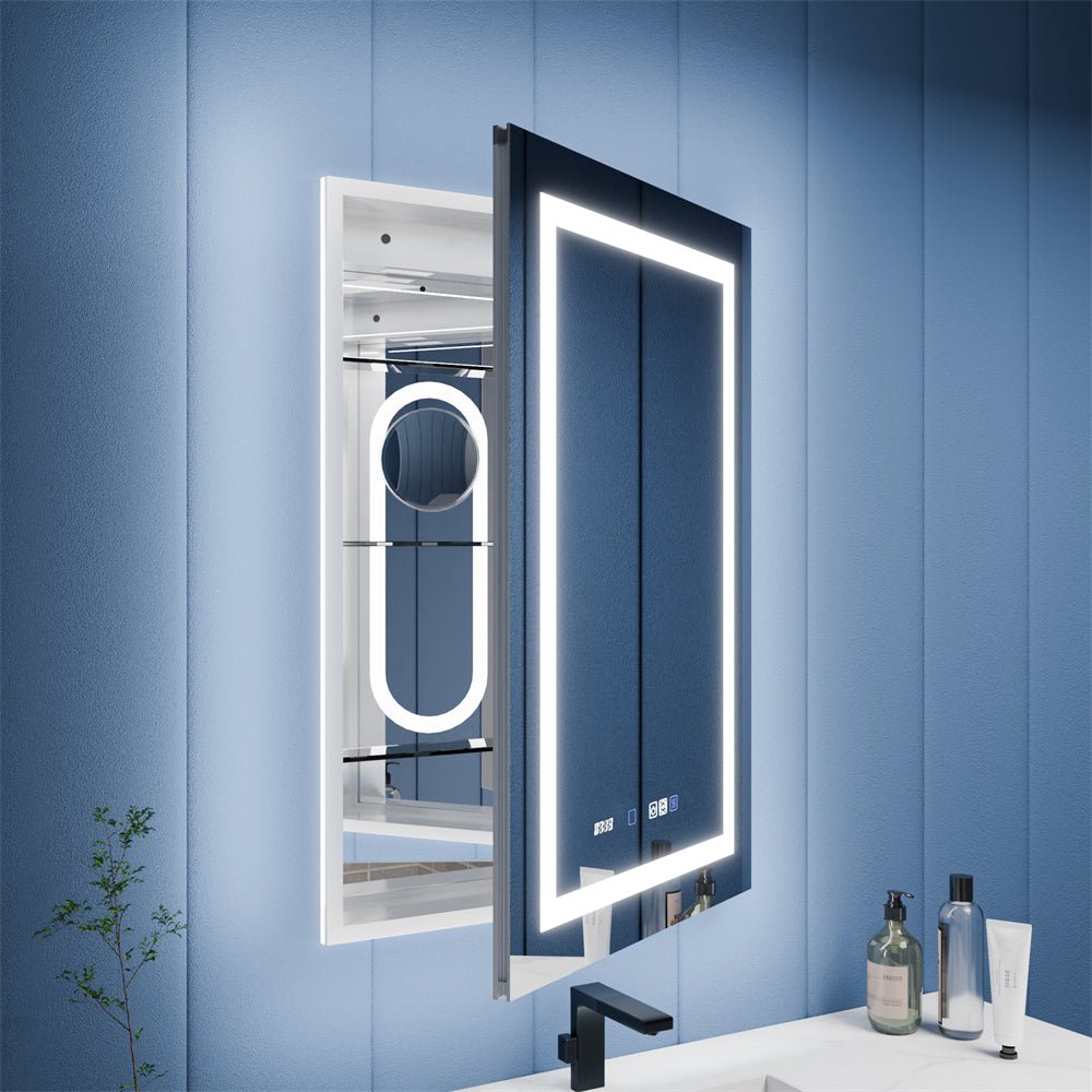 Illusion - B 24" x 36" LED Lighted Inset Mirrored Medicine Cabinet with Magnifiers Front and Back Light, Right Hinge