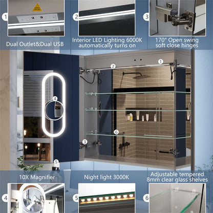 Illusion - B 30" x 32" LED Lighted Inset Mirrored Medicine Cabinet with Magnifiers Front and Back Light