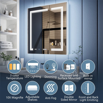 Illusion - B 30" x 32" LED Lighted Inset Mirrored Medicine Cabinet with Magnifiers Front and Back Light