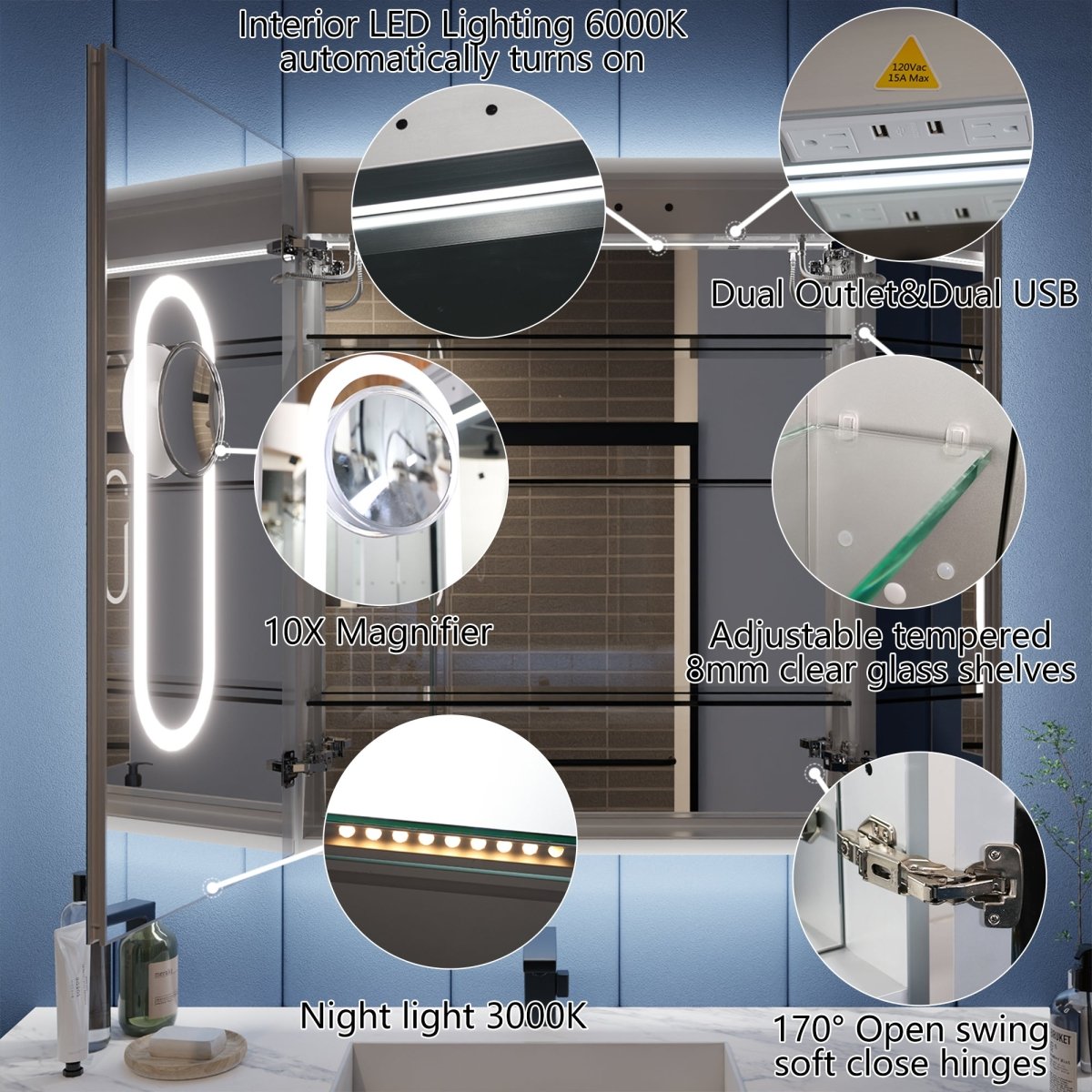 Illusion - B 30" x 36" LED Lighted Inset Mirrored Medicine Cabinet with Magnifiers Front and Back Light