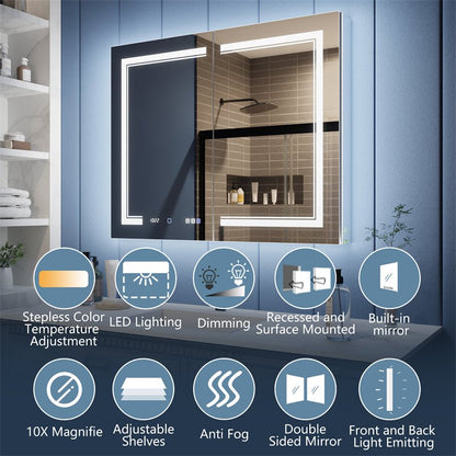 Illusion - B 40" x 32" LED Lighted Inset Mirrored Medicine Cabinet with Magnifiers Front and Back Light