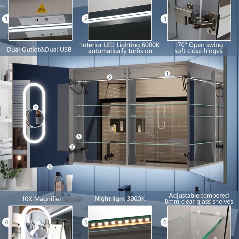 Illusion - B 40" x 32" LED Lighted Inset Mirrored Medicine Cabinet with Magnifiers Front and Back Light