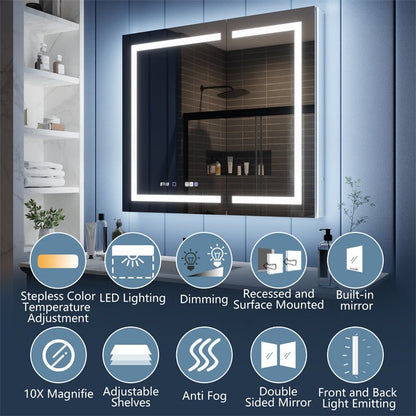 Illusion - B 42" x 36" LED Lighted Inset Mirrored Medicine Cabinet with Magnifiers Front and Back Light