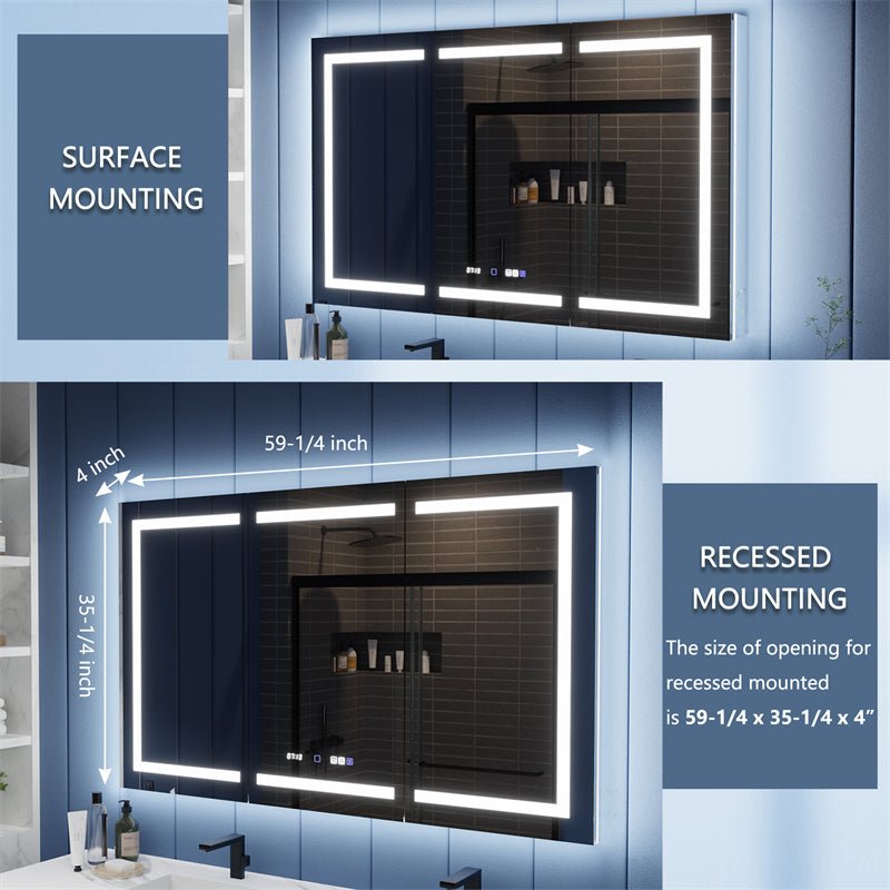 Illusion - B 60" x 36" LED Lighted Inset Mirrored Medicine Cabinet with Magnifiers Front and Back Light