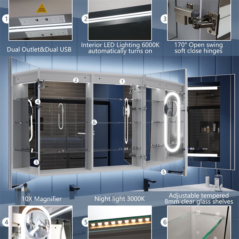 Illusion - B 60" x 36" LED Lighted Inset Mirrored Medicine Cabinet with Magnifiers Front and Back Light