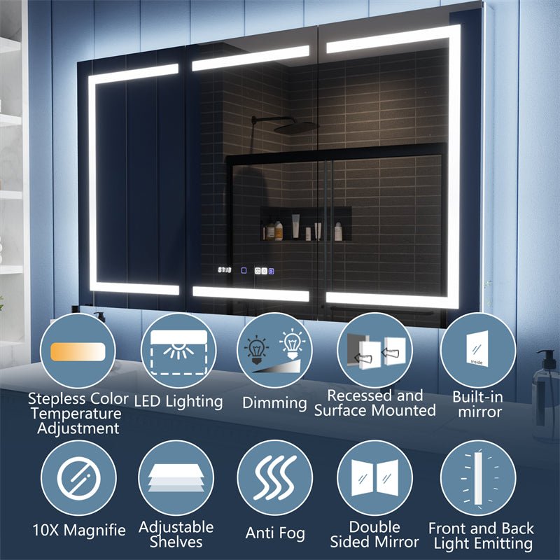 Illusion - B 60" x 36" LED Lighted Inset Mirrored Medicine Cabinet with Magnifiers Front and Back Light