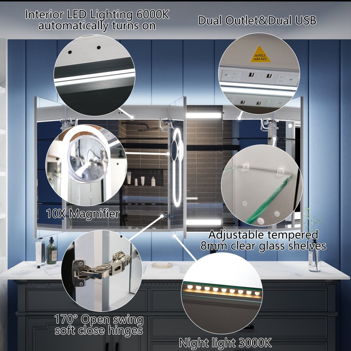 Illusion - B 60" x 36" LED Lighted Inset Mirrored Medicine Cabinet with Magnifiers Front and Back Light