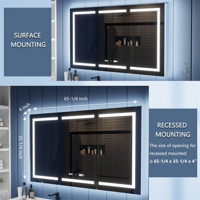 Illusion - B 66" x 36" LED Lighted Inset Mirrored Medicine Cabinet with Magnifiers Front and Back Light