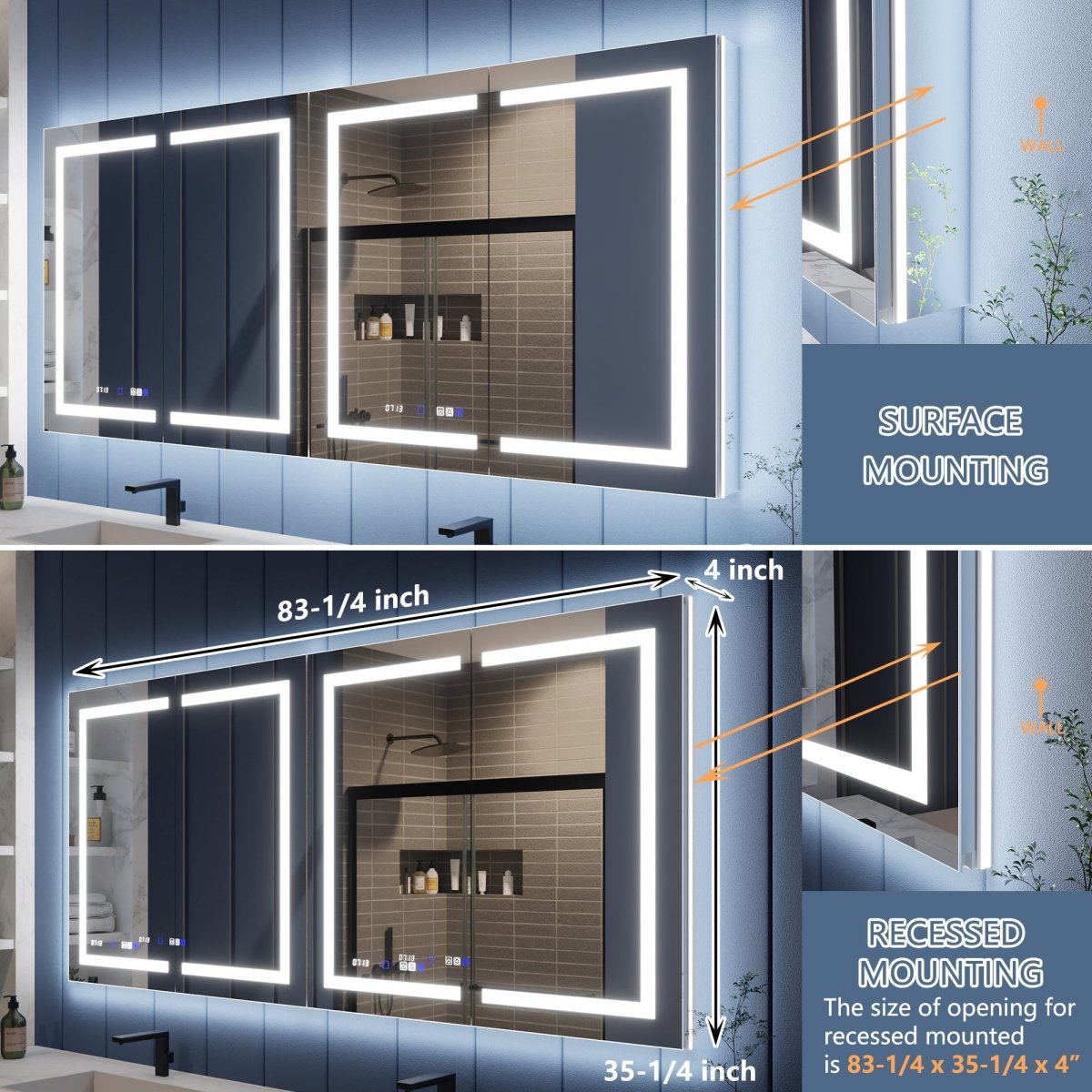 Illusion-B 84" x 36" LED Lighted Inset Mirrored Medicine Cabinet with Magnifiers Front and Back Light