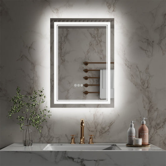 Linea 20" W x 28" H LED Heated Bathroom Mirror,Anti Fog,Dimmable,Front - Lighted and Backlit, Tempered Glass