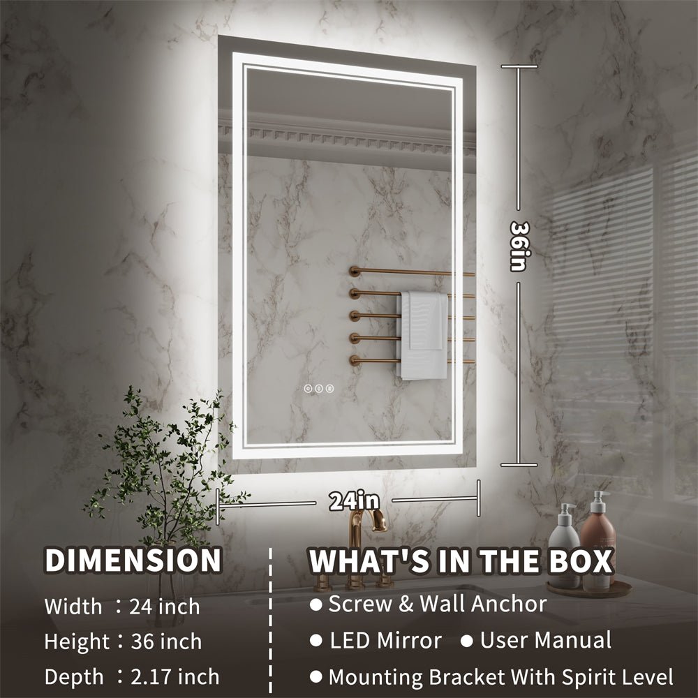 Linea 24" W x 36" H LED Heated Bathroom Mirror,Anti Fog,Dimmable,Front - Lighted and Backlit, Tempered Glass