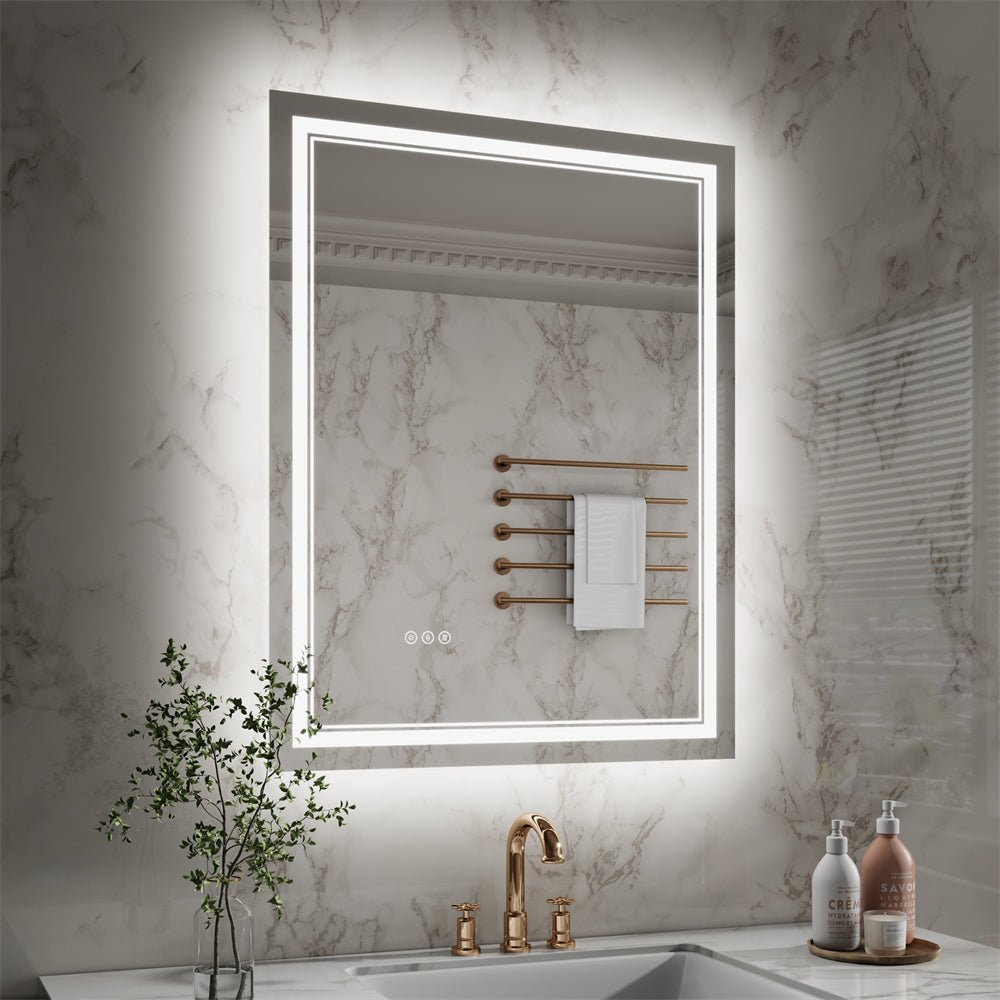 Linea 28" W x 36" H LED Heated Bathroom Mirror,Anti Fog,Dimmable,Front - Lighted and Backlit, Tempered Glass