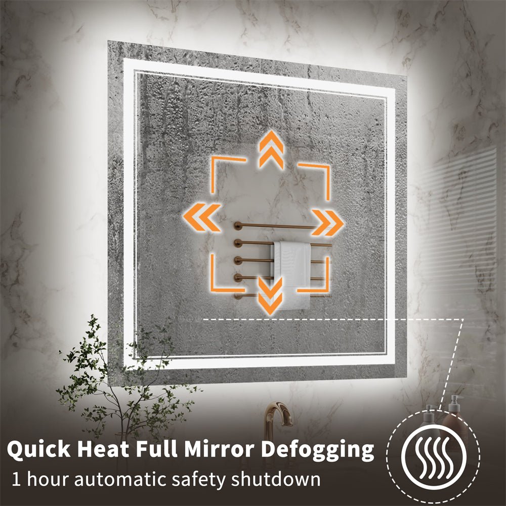 Linea 36" W x 36" H LED Heated Bathroom Mirror,Anti Fog,Dimmable,Front - Lighted and Backlit, Tempered Glass