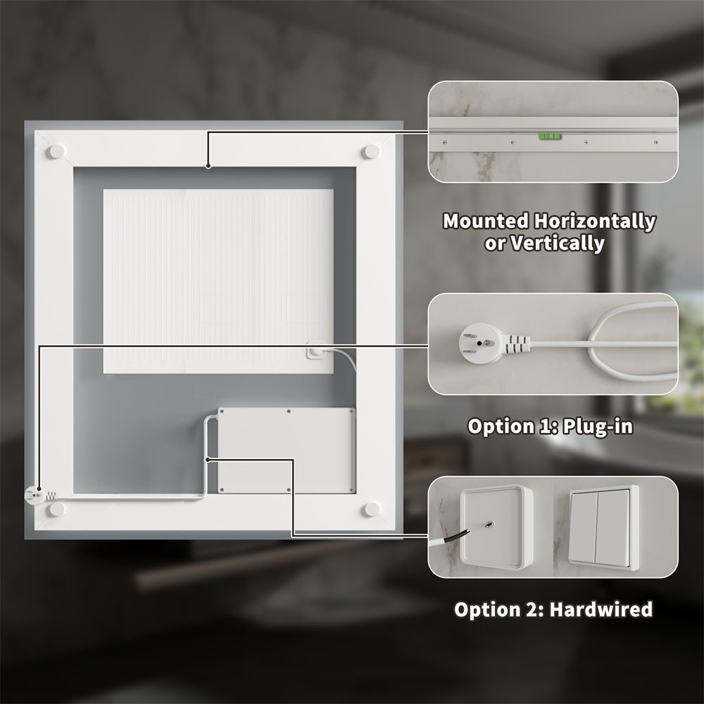 Linea 36" W x 36" H LED Heated Bathroom Mirror,Anti Fog,Dimmable,Front - Lighted and Backlit, Tempered Glass