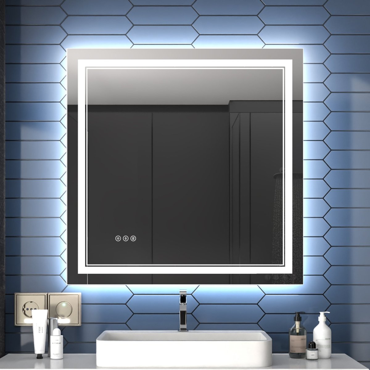 Linea 36" W x 36" H LED Heated Bathroom Mirror,Anti Fog,Dimmable,Front - Lighted and Backlit, Tempered Glass