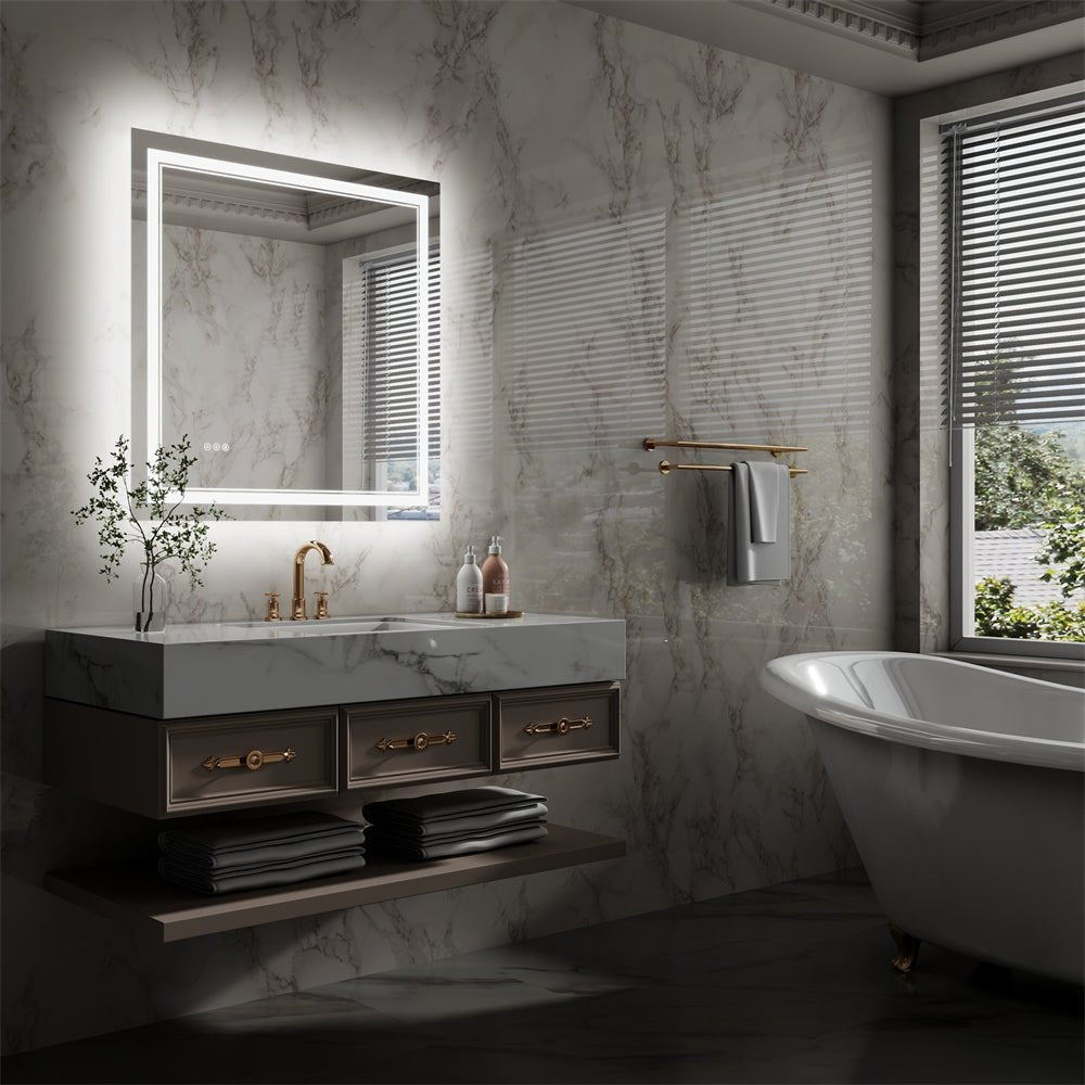 Linea 36" W x 36" H LED Heated Bathroom Mirror,Anti Fog,Dimmable,Front - Lighted and Backlit, Tempered Glass