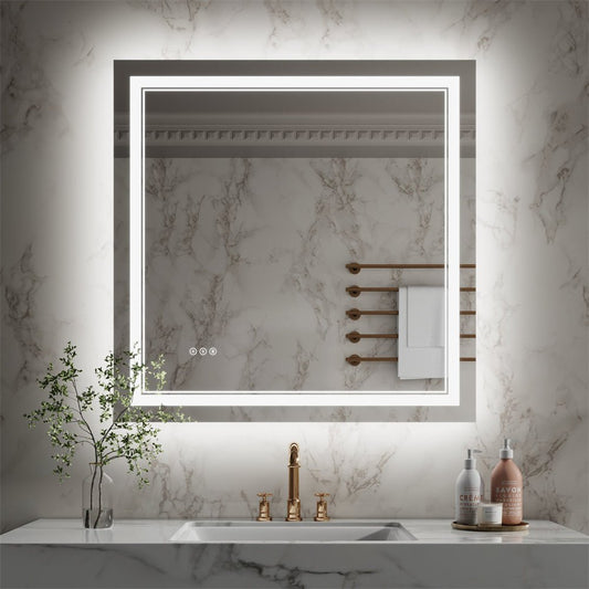 Linea 36" W x 36" H LED Heated Bathroom Mirror,Anti Fog,Dimmable,Front - Lighted and Backlit, Tempered Glass