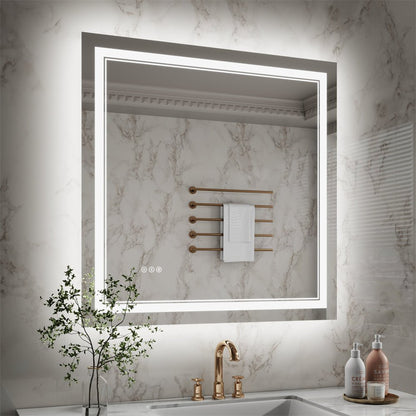 Linea 36" W x 36" H LED Heated Bathroom Mirror,Anti Fog,Dimmable,Front - Lighted and Backlit, Tempered Glass