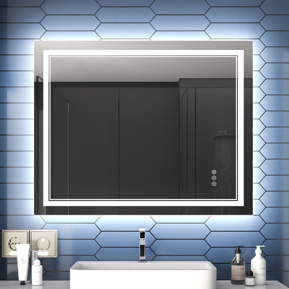 Linea 40" W x 32" H LED Heated Bathroom Mirror,Anti Fog,Dimmable,Front - Lighted and Backlit, Tempered Glass