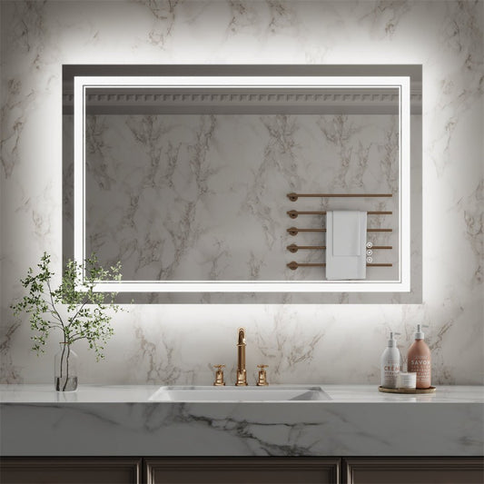 Linea 48" W x 32" H LED Heated Bathroom Mirror,Anti Fog,Dimmable,Front - Lighted and Backlit, Tempered Glass