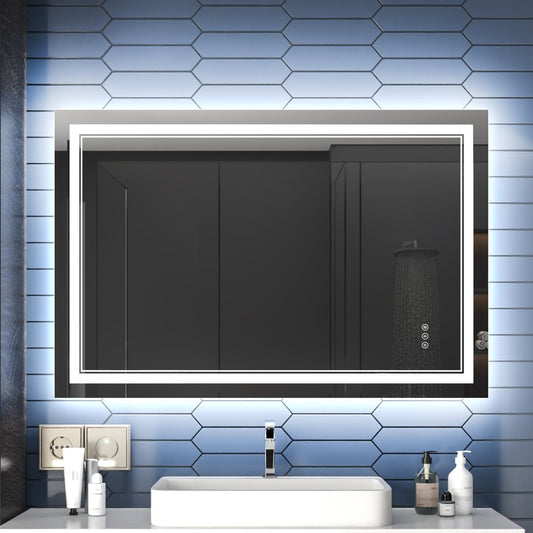 Linea 48" W x 32" H LED Heated Bathroom Mirror,Anti Fog,Dimmable,Front - Lighted and Backlit, Tempered Glass