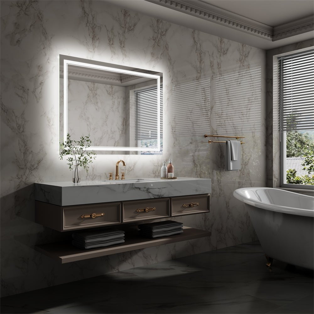 Linea 48" W x 36" H LED Heated Bathroom Mirror,Anti Fog,Dimmable,Front - Lighted and Backlit, Tempered Glass