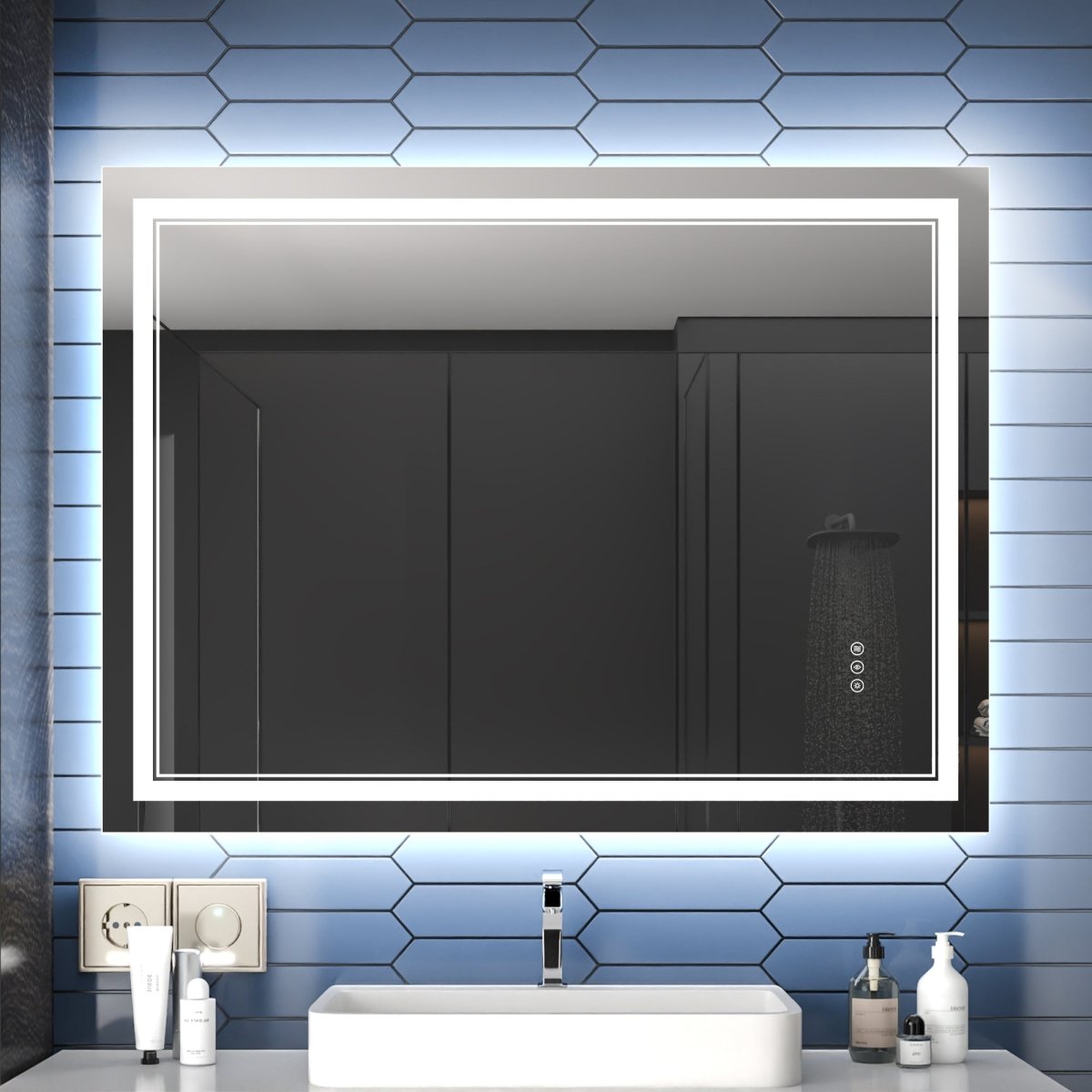 Linea 48" W x 36" H LED Heated Bathroom Mirror,Anti Fog,Dimmable,Front - Lighted and Backlit, Tempered Glass