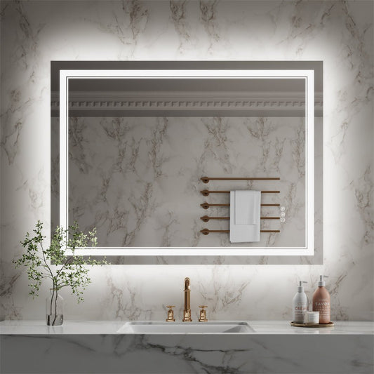 Linea 48" W x 36" H LED Heated Bathroom Mirror,Anti Fog,Dimmable,Front - Lighted and Backlit, Tempered Glass