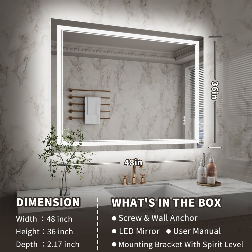 Linea 48" W x 36" H LED Heated Bathroom Mirror,Anti Fog,Dimmable,Front - Lighted and Backlit, Tempered Glass