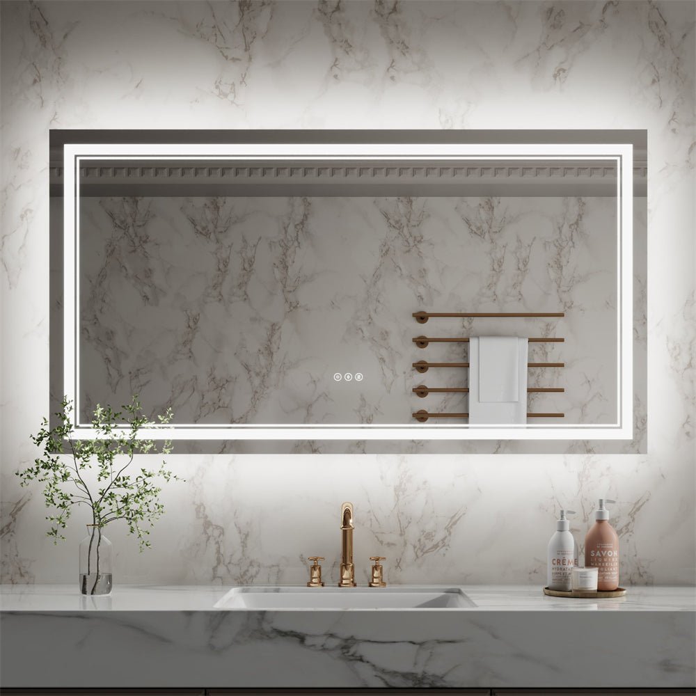 Linea 55" W x 30" H LED Heated Bathroom Mirror,Anti Fog,Dimmable,Front - Lighted and Backlit, Tempered Glass