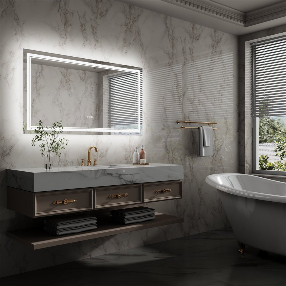 Linea 55" W x 30" H LED Heated Bathroom Mirror,Anti Fog,Dimmable,Front - Lighted and Backlit, Tempered Glass