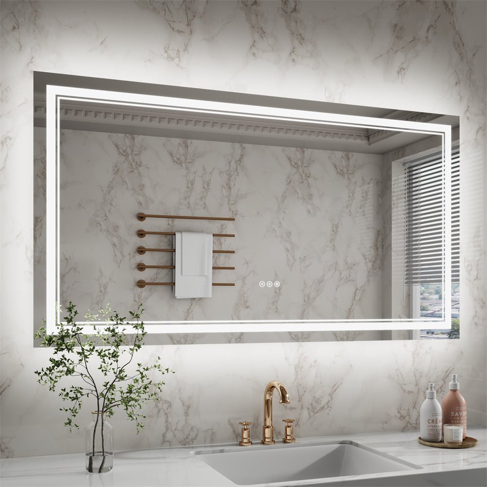 Linea 55" W x 30" H LED Heated Bathroom Mirror,Anti Fog,Dimmable,Front - Lighted and Backlit, Tempered Glass