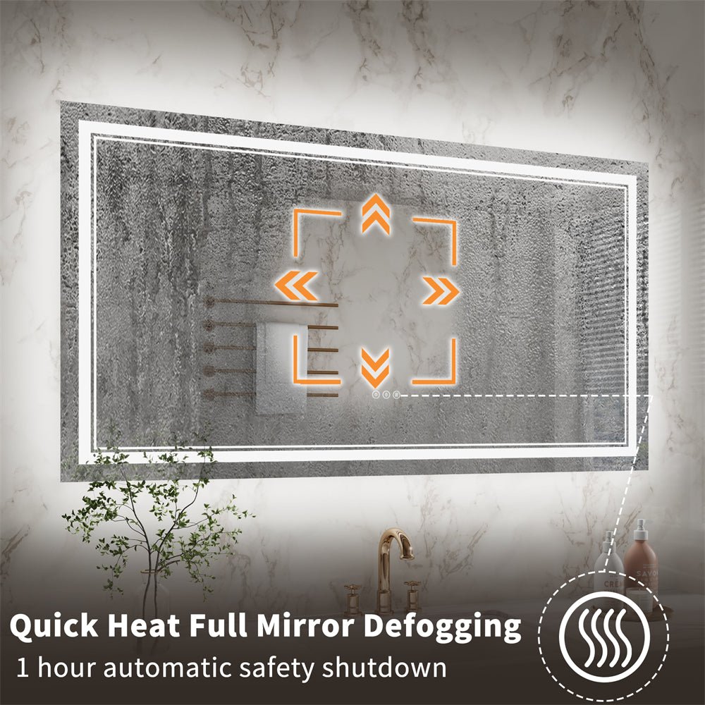 Linea 55" W x 30" H LED Heated Bathroom Mirror,Anti Fog,Dimmable,Front - Lighted and Backlit, Tempered Glass