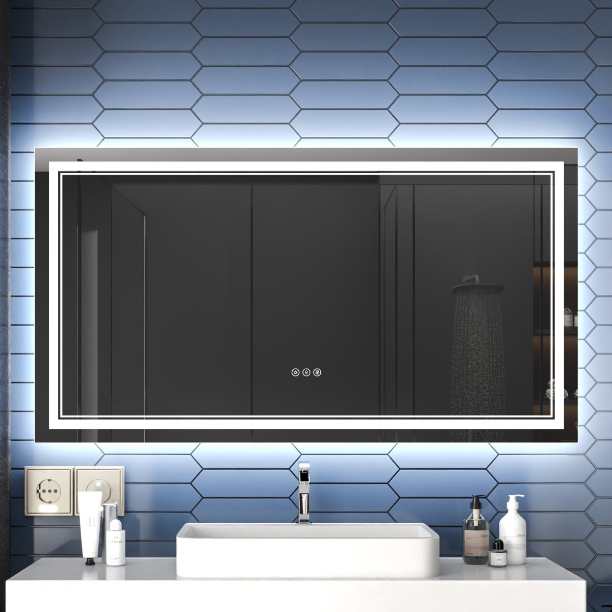 Linea 55" W x 30" H LED Heated Bathroom Mirror,Anti Fog,Dimmable,Front - Lighted and Backlit, Tempered Glass